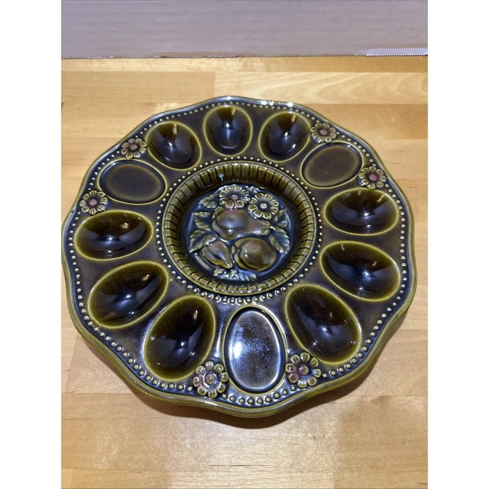 Vintage 1970's Japanese Brown Deviled Egg Plate Tray Floral  • Holds 9 Eggs